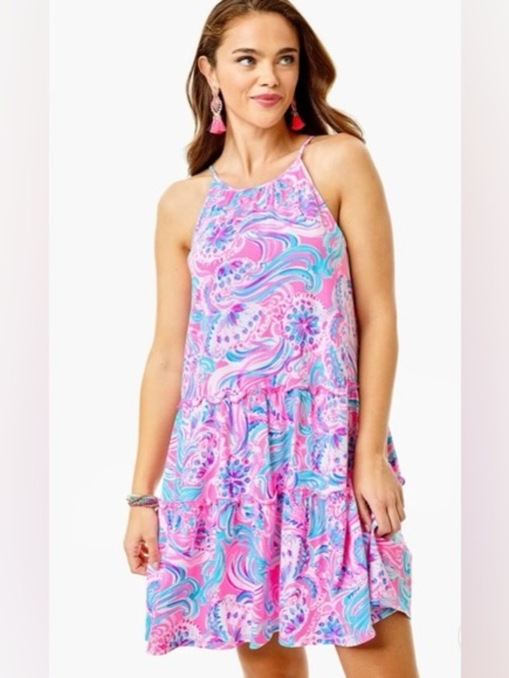 Lilly Pulitzer Evalyn Halter Neck Dress Prosecco Pink Don’t Be Jelly Size XL